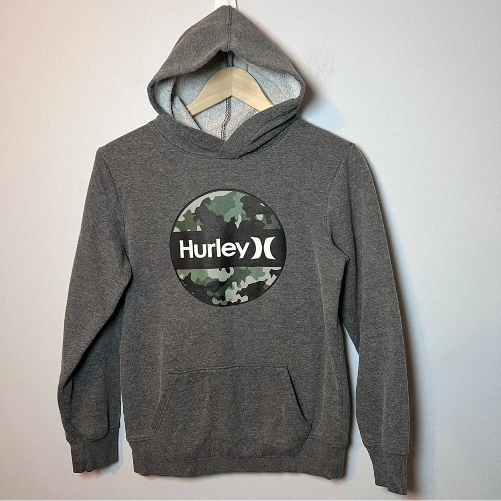 Hurley Camo Logo Graphic Hoodie Boys L 14/16 (youth) Gray Pullover Sweatshirt